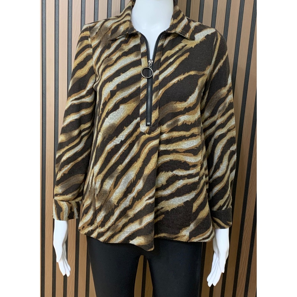 Ali Miles Petite S Brown Print Quarter Zip Pullover Top PS Lagenlook Artsy